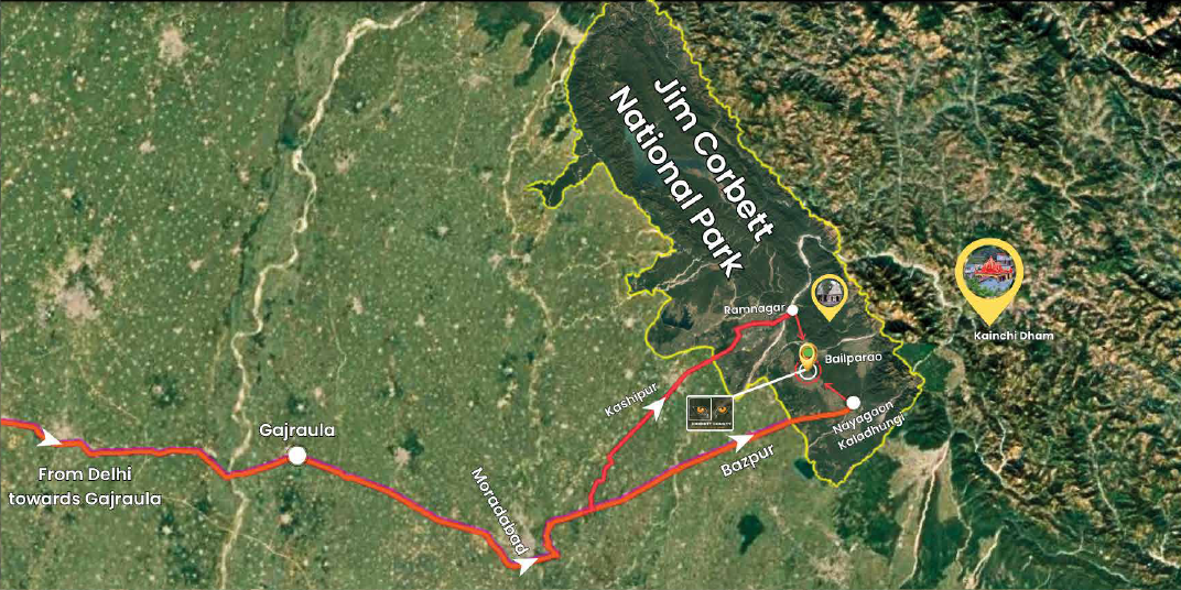 Corbett County location map from Delhi via Gajraula to Jim Corbett