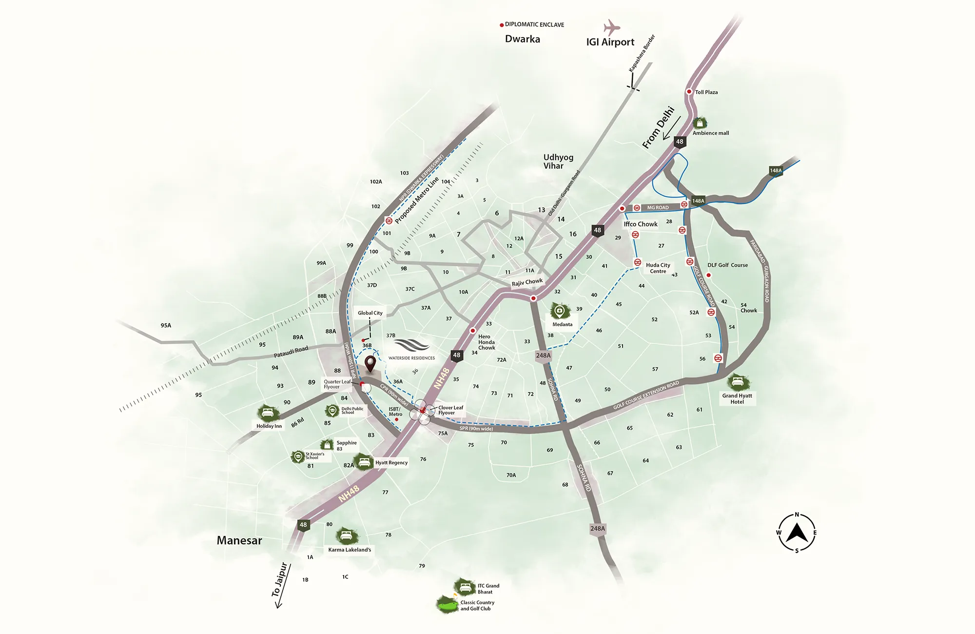 Krisumi Waterside location map Sector 36A Dwarka Expressway Gurugram